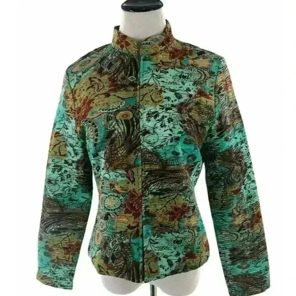 Analogy Women's Multicolor Zip Up Front Paisley Stretch Jacket Size Medium